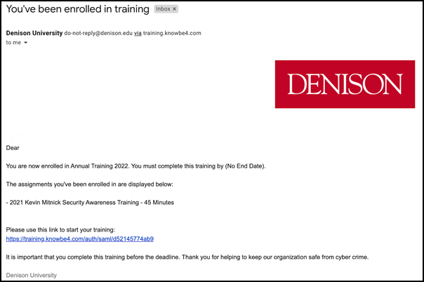 Image of Training Notification Email with Subject  of 