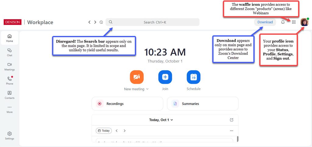Image showing the new Zoom Web Experience that features a universal header with that has two key icons on the far right side, a Waffle icon that provides access to different Zoom products like Webinars, Meetings, etcc. and a profile icon that leads to a menu with your Status, Profile, Settings, and Sign options. It also flags two items that only appear on the main page: a Download option that provides access to the Zoom Download Center and a Search bar that can be disregarded as it is limited in scope and unlikely to yield useful results. The image shows that the rest of the main page looks very similar to the Zoom Desktop app with Home, Chat, Meetings, and Contacts now in the left panel and New Meeting, Join, and Schedule options in the main area.